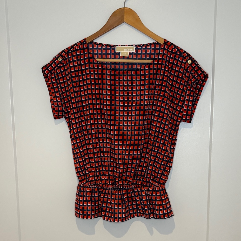 MICHAEL Michael Kors Red & Navy Blue Geometric Cinch Waist Blouse | Petite Small